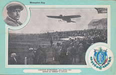 711670 Prentbriefkaart van Gibert, Frans vliegenier, met een afbeelding van de aankomst van Gibert te Utrecht, ...